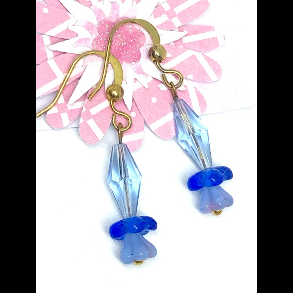 Periwinkle Royal Blue Violet Czech Glass and Crystal Layered Flower Earrings